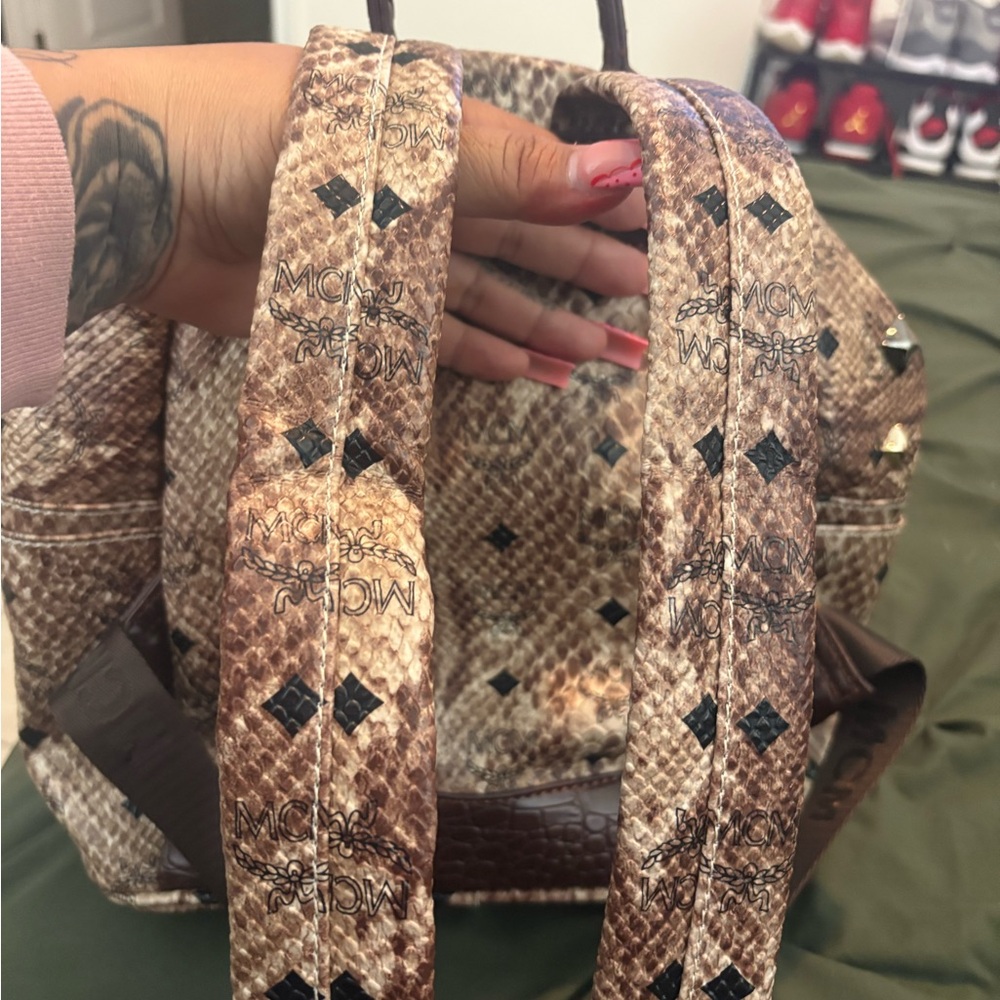 MCM Brown Snakeskin-Print Studded Backpack with Gold Hardware - Picture 6 of 11
